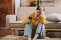 woman sit Depression Dark haired pensive glance Standing by window and anxiety Copy space. at home Royalty Free Stock Photo