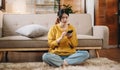 woman sit Depression Dark haired pensive glance Standing by window and anxiety Copy space. at home Royalty Free Stock Photo