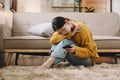 woman sit Depression Dark haired pensive glance Standing by window and anxiety Copy space. at home Royalty Free Stock Photo