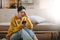 woman sit Depression Dark haired pensive glance Standing by window and anxiety Copy space. at home Royalty Free Stock Photo