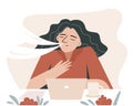 A woman sit on desk with laptop and manage her stress or anxiety by breathing exercise. Flat vector iluustration Royalty Free Stock Photo