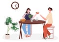 Woman sit in dining area with friend eat drink give bowl rice fried egg with flat cartoon style Royalty Free Stock Photo