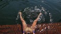 Woman sit on a pier in sunglasses and swimming suit. Girl rest on a flood wood underwater pier. Lady in the water and