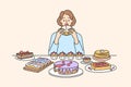 Woman sit at table eating numerous desserts