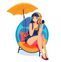 Woman siting on beach chair at beach. Female girl wuth camera and posing having rest near sea. Relaxed girl at tropical Royalty Free Stock Photo