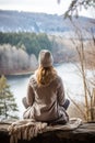 woman sits bundled up in scarf and jacket, sipping a warm drink while looking out at a snowy forest Royalty Free Stock Photo