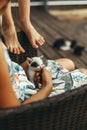 A woman sits in a chair and holds a small kitten in her arms, stroking him Royalty Free Stock Photo