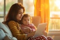 A woman sits on a couch, holding a baby in her arms and looking attentively at a laptop on her lap, A mother nursing a child while Royalty Free Stock Photo