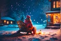 A woman sits, garland lights, house, snowfall background. Christmas night in the city. Generative AI Royalty Free Stock Photo