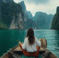 Woman Painting in a Longtail Boat Surrounded by Green Limestone Cliffs in Thailand