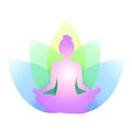 Woman sits in lotus position against background of multicolored petals Royalty Free Stock Photo