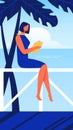 Woman Sits on Parapet. Seashore with Book in Hand.