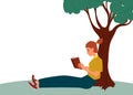 A woman sits reading a book in a park near a tree. Girl leisure time. Woman is reading a book. Cute young girl resting.Vector