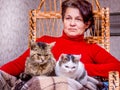 A woman sits in a rocking chair and holds two cats in her arms_ Royalty Free Stock Photo