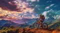 Woman sits sports bike on mountain top, cyclist rests sky background