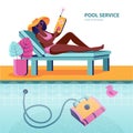 Woman sits on a sun lounger and controls a robot that cleans the bottom of the pool of dirt. Domestic robot cleaning the swimming