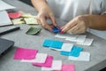 Woman sits at table in modern office next to color palette and fabric samples for design project Royalty Free Stock Photo