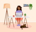 Woman sits at a table, works at home at a computer. Remote work, freelance, home office, programming, training. Cozy Royalty Free Stock Photo