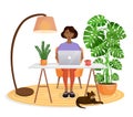 Woman sits at a table, works at home at a computer. Remote work, freelance, home office, programming, training. Cozy