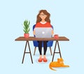 Woman sits at a table, works at home at a computer. Remote work, freelance, home office, programming, training. Cozy Royalty Free Stock Photo