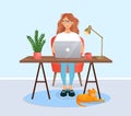 Woman sits at a table, works at home at a computer. Remote work, freelance, home office, programming, training. Cozy Royalty Free Stock Photo