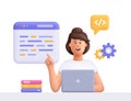 Woman sits at a table and writing code, create software, using laptop. Software and web development, programming and coding