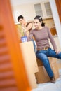 Woman sittin on cardboard box Royalty Free Stock Photo