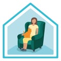 Woman sitting on armchair with cat in arms, female character rest, relax. Isolated on white, flat vector illustration Royalty Free Stock Photo