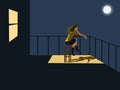 Woman sitting on the balcony looking at  moon There was a light shining from the rear window Royalty Free Stock Photo