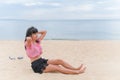 Woman Sitting on Beach Blur Blue Sea and Blue Sky Happy Smiling Girl Relax Vacation on Sand at Coast Ocean Island,Freedom Tourism