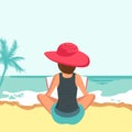 Woman sitting on beach. Concept for vacation, holiday and travel. Summer time. Woman reading book on the beach. Flat vector illust