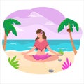Woman sitting on the beach in yoga pose on sunset.