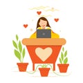 Woman sitting behind her laptop and dreaming about love. Cartoon girl and hearts