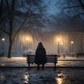 Woman sitting on a bench in the city park at night under heavy snowfall Royalty Free Stock Photo