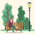 Woman Sitting on Bench in Park, Phone Conversation