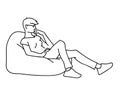 Woman sitting on big pillow. Sketch. Vector illustration of thoughtful girl sitting, one leg bent, other straight in