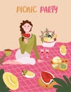 Woman sitting on blanket. Picnic party on the beach. Young single girl is happy with food outdoor. Woman rest with