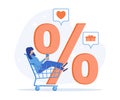 Woman sitting in cart and shopping online, Big discount, gifts and purchases, sales, seasonal sale at store