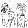 Woman sitting on cauch with a cup of coffe and reading from tablet pc line art vector illustration Royalty Free Stock Photo
