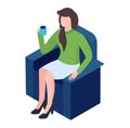 Woman sitting on chair holding a blue mug, casual style, modern outfit. Relaxing coffee break, stylish female, vector