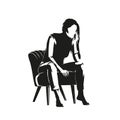 Woman is sitting in a chair, resting her head on her hand, thinking. Isolated vector silhouette, ink drawing
