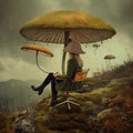 A woman sitting in a chair under a mushroom umbrella. AI generative image. Royalty Free Stock Photo