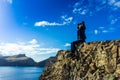 Woman sitting on a cliff on Ponta de Sao Lourenco peninsula, Madeira