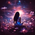 A woman is sitting in a cosmic field with romantic fantastic flowers under a starry sky. AI generated picture