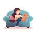 a woman sitting on a couch with a cat on her lap and a laptop on her lap, with a cat sitting on her lap Royalty Free Stock Photo