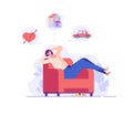 Woman sitting on the couch and dreaming about love, house, car. Concept of relaxation, rest, home comfort, dream visualization, Royalty Free Stock Photo