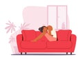 Woman Sitting on Couch Touch Belly, Appendicitis, Health Problem, Stomach Disease Symptoms. Unhealthy Body Sickness