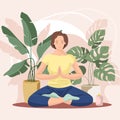 Woman sitting cross-legged and meditating at home on background of houseplants. Concept illustration for practicing yoga. Stock