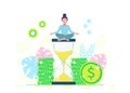 Woman Sitting Cross Legged Meditating on Hourglass, Time Management, Work Planning, Organization. Vector Illustration Royalty Free Stock Photo