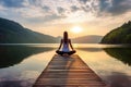 Woman Sitting on Dock in Middle of Lake, Young girl practice yoga on wooden pier with a view on lake and beautiful landscape, AI Royalty Free Stock Photo